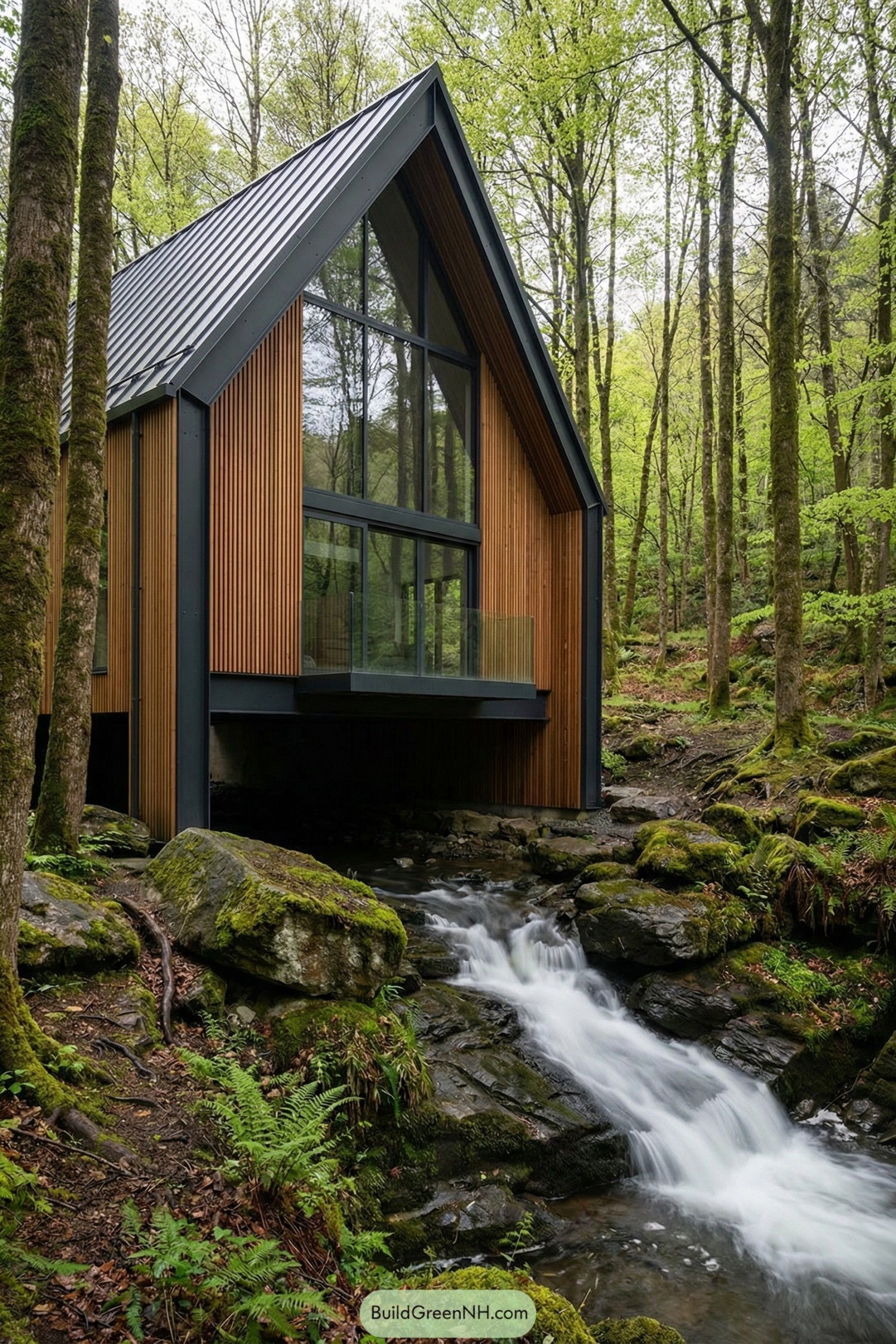 Modern A-frame cabin perched over a mossy creek in a dense green forest