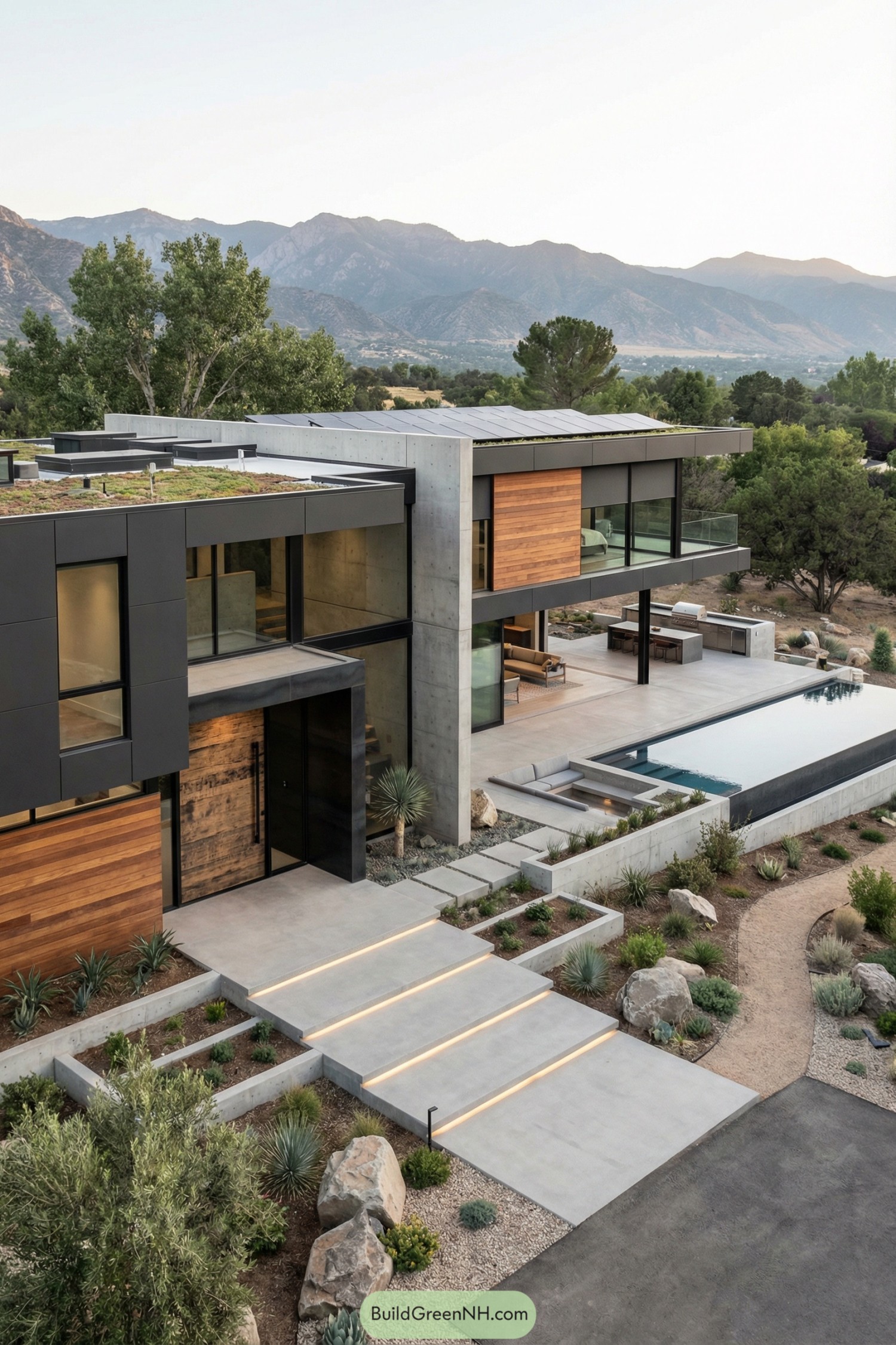 Modern concrete and glass home with pool