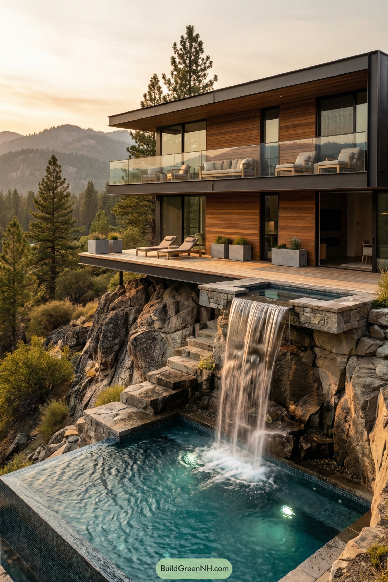 Modern cliffside house with tiered pool and waterfall