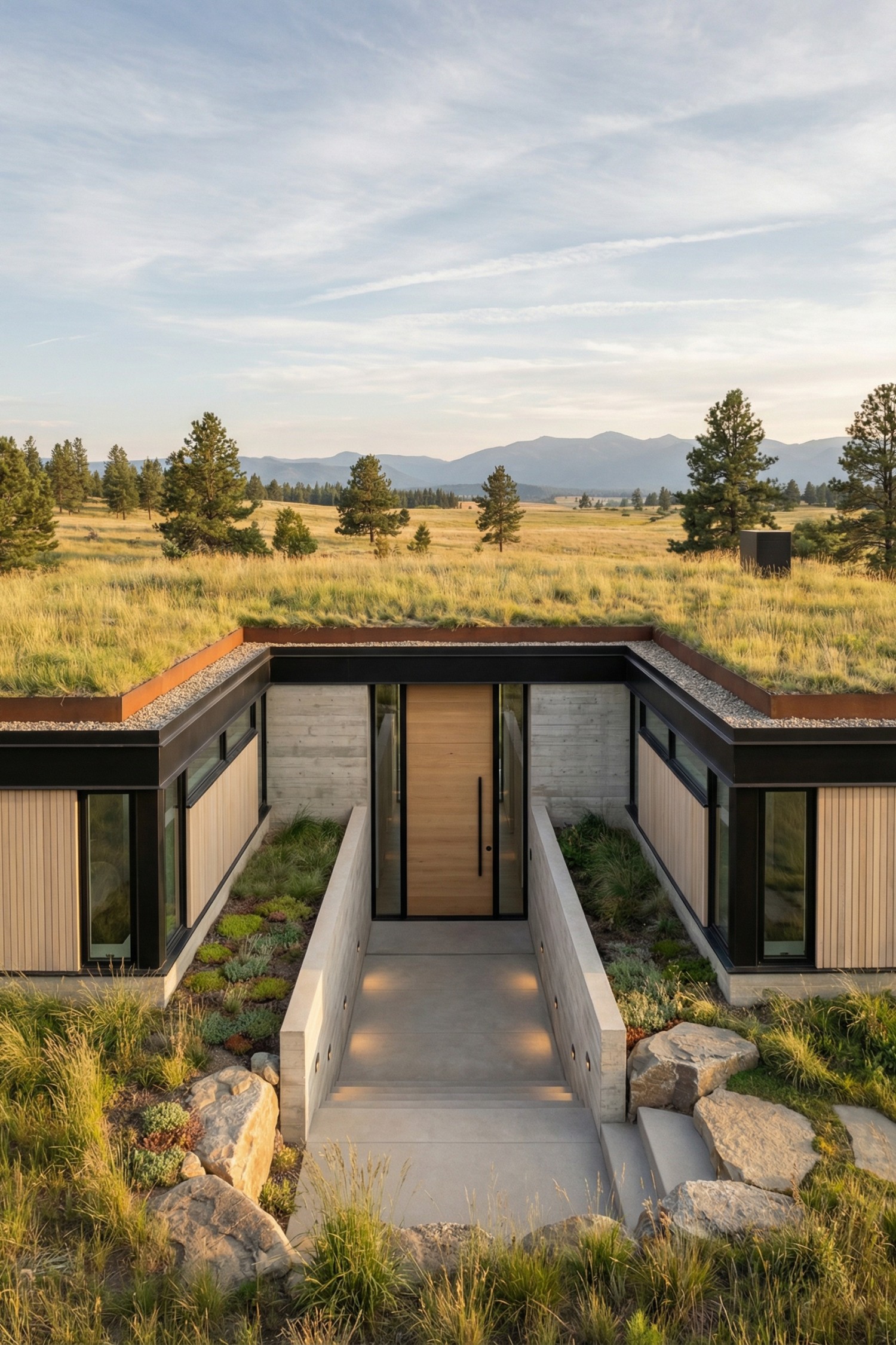Modern earth sheltered home with sunken entry