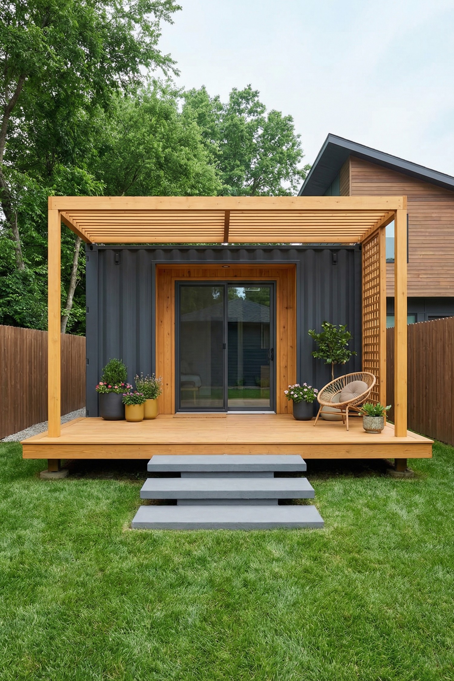Small gray container house with wooden pergola porch and garden steps