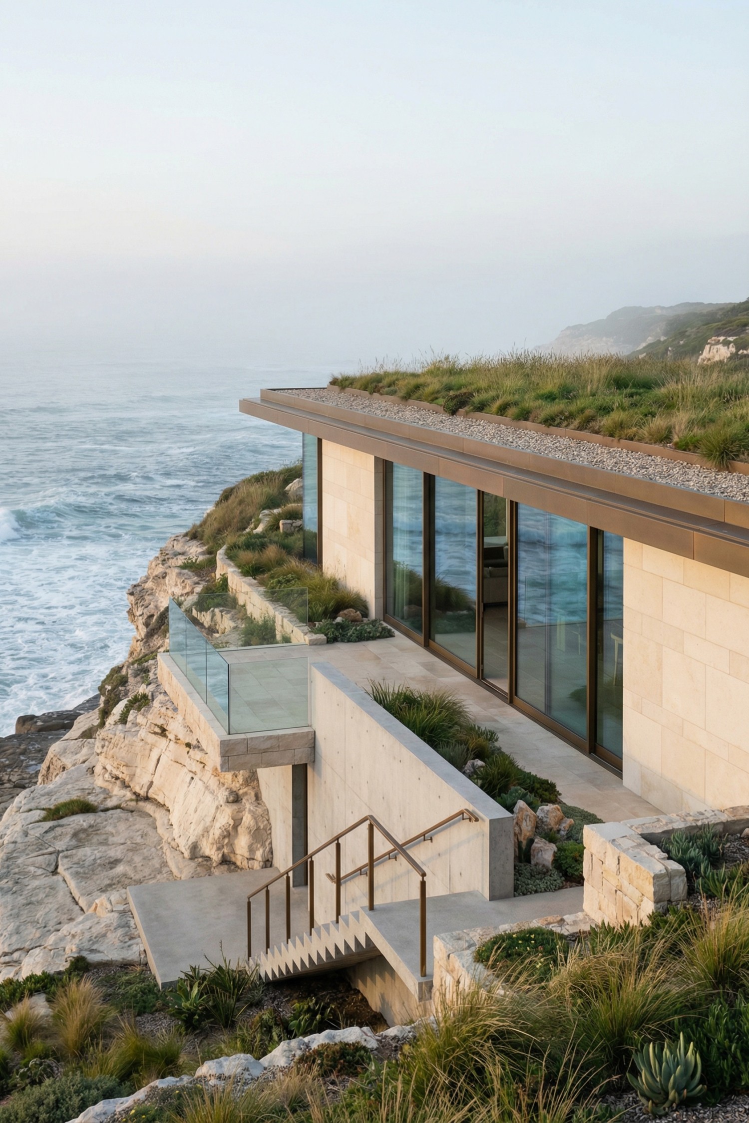 High res photo of earth sheltered home with a coastal modern facade composed of pale limestone blocks and expansive glass set into a cliffside berm