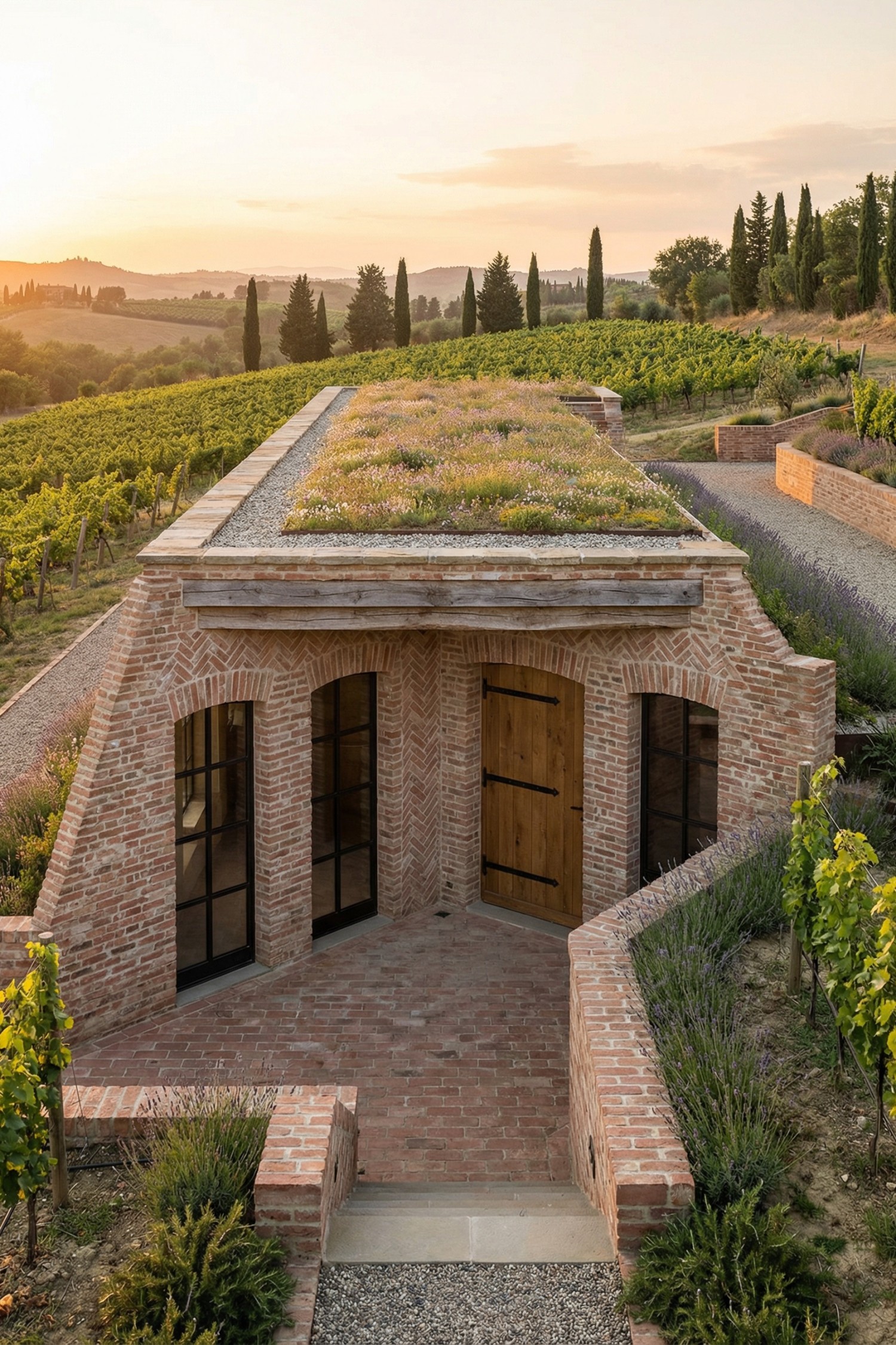 Earth sheltered brick house with green planted roof in a vineyard landscape