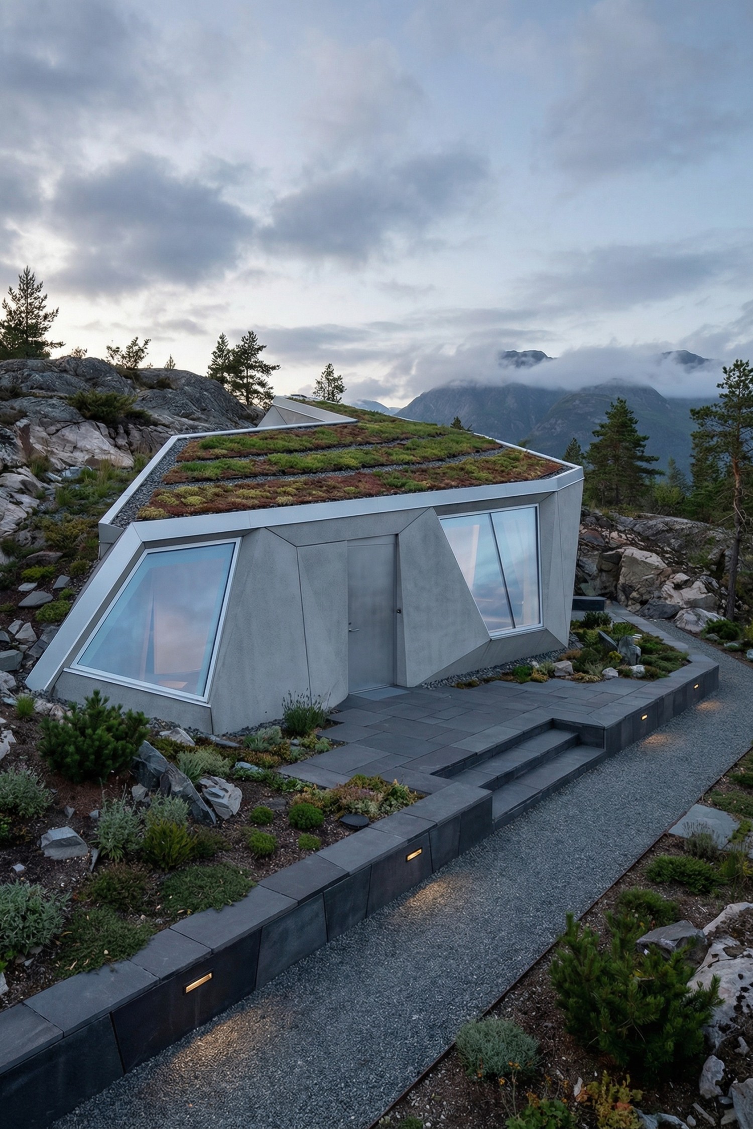 Compact concrete home with faceted walls and a lush green roof set among rocky mountains