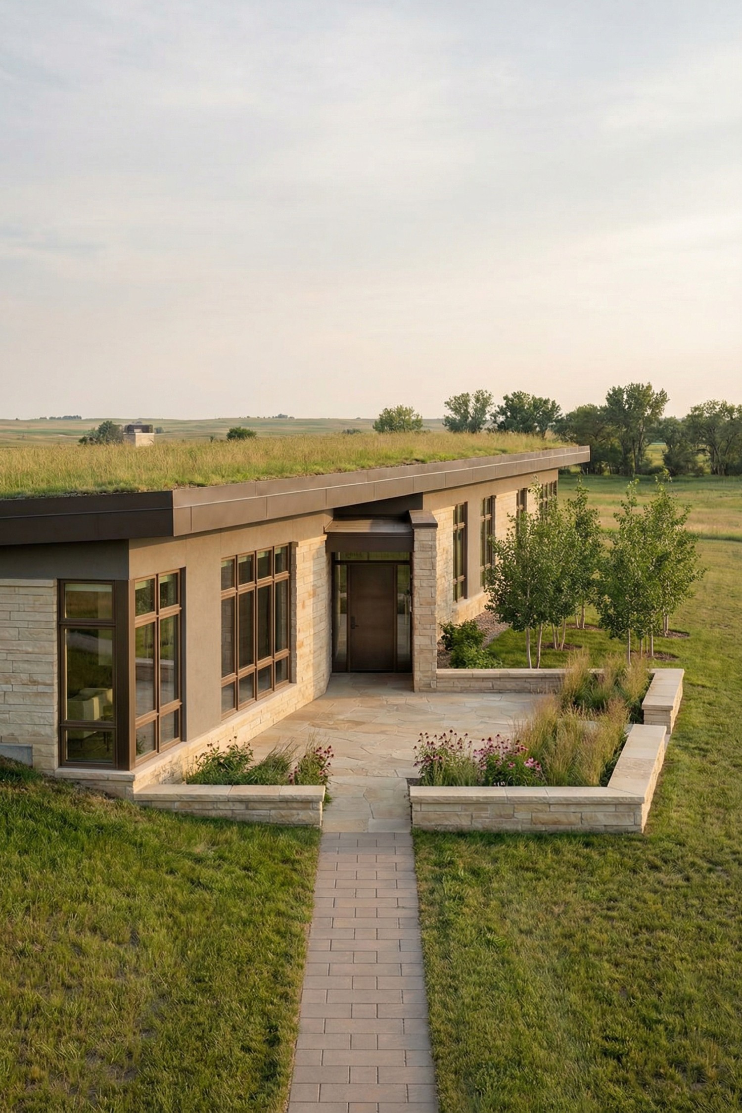Low modern earth-sheltered house with grass roof, stone walls, and large windows set in open prairie