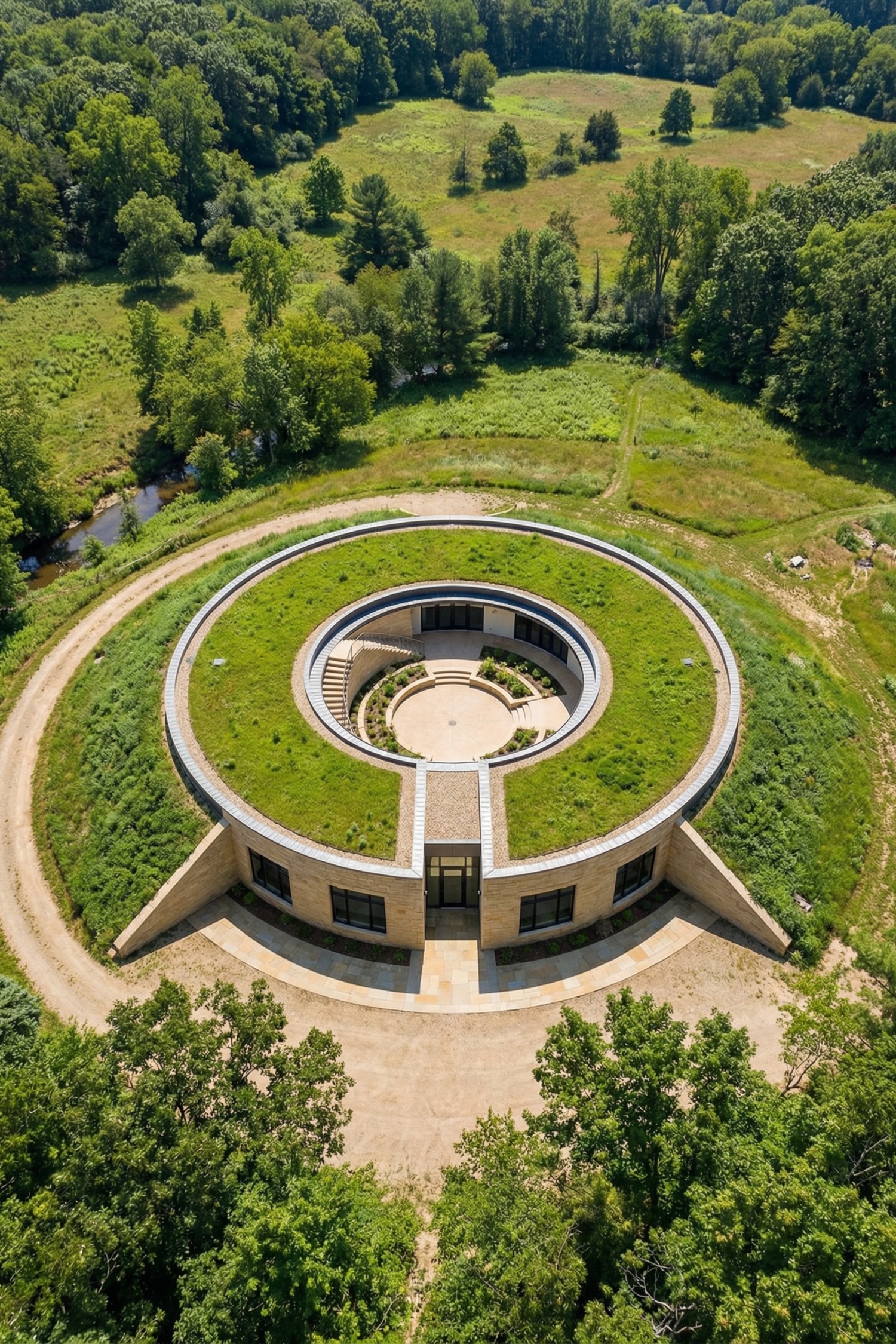 Circular earth-sheltered home with green roof courtyard