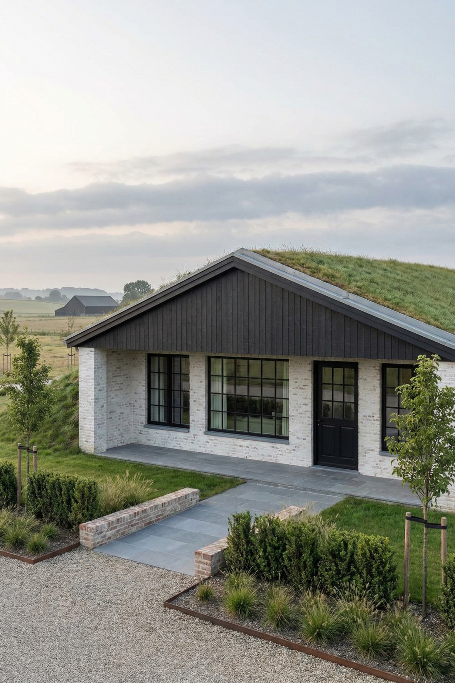 Brick cottage with grass-covered roof