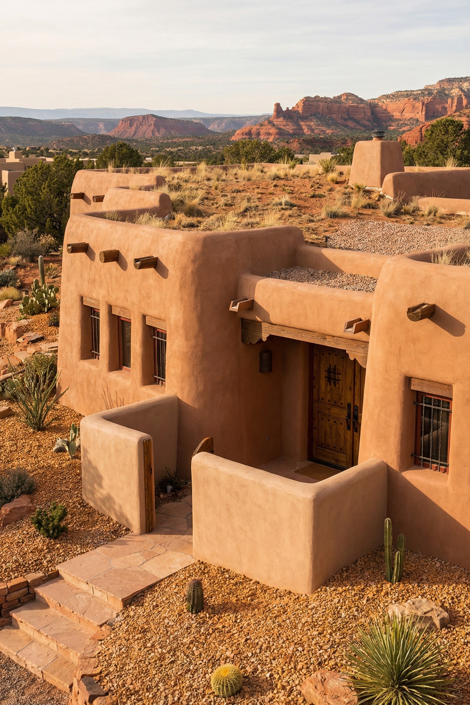 Adobe earth-sheltered home with desert landscaping and red rock views