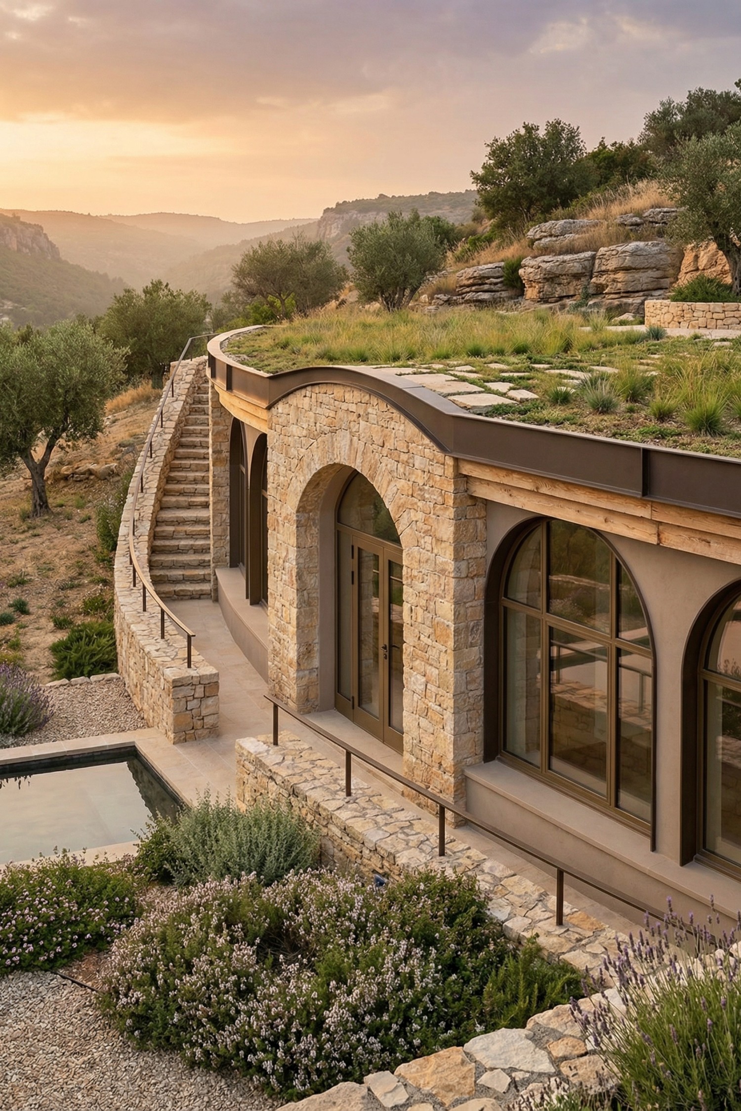 Earth sheltered stone house with arched facade and planted rooftop on a hillside