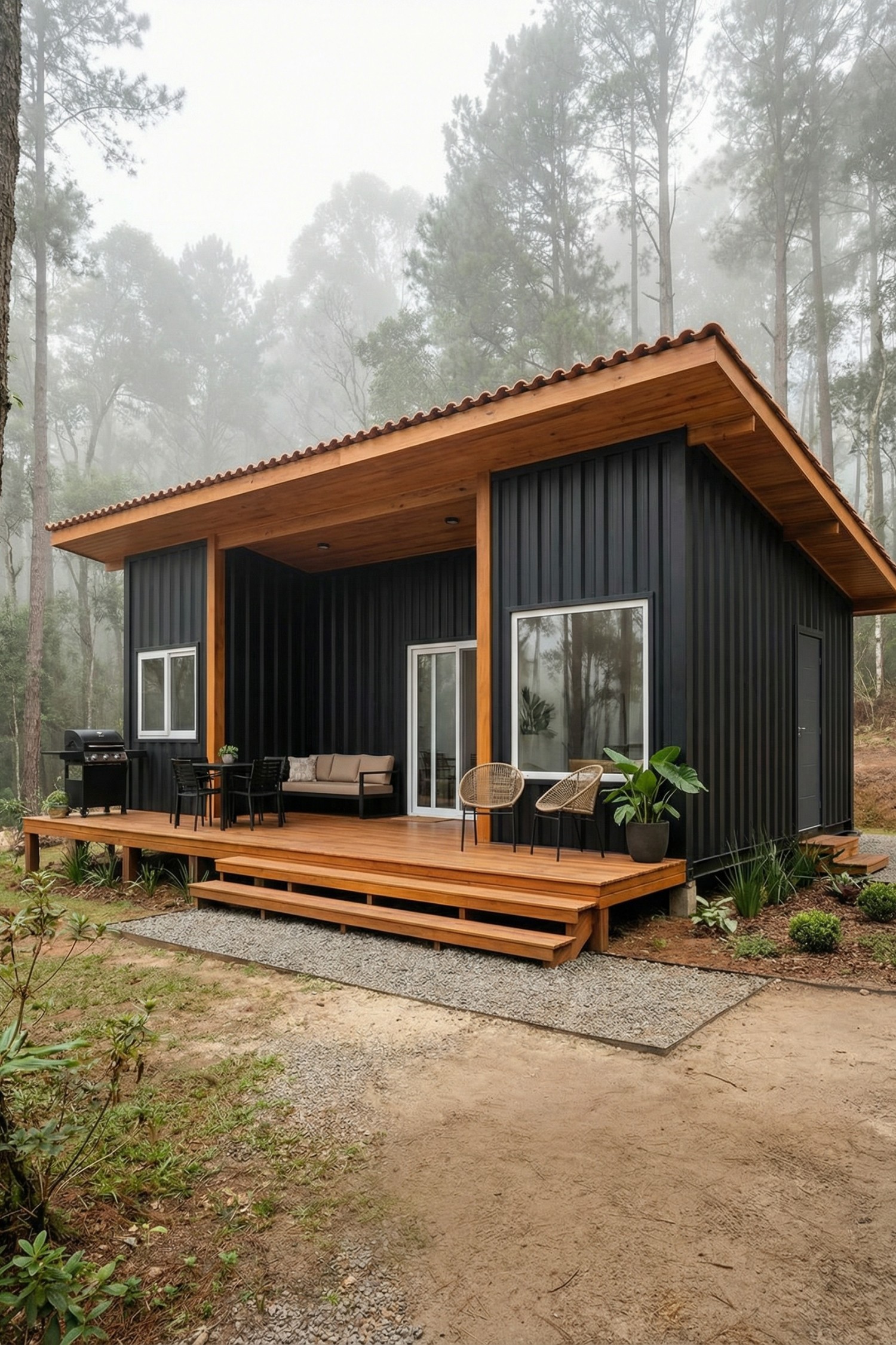Black container cabin with extended wood deck in a foggy forest