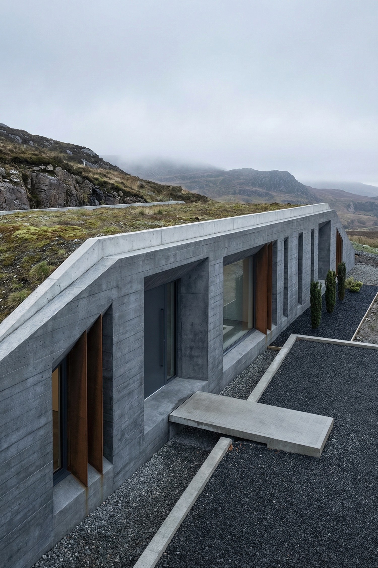 Long concrete earth-sheltered home with green roof along a rocky hillside