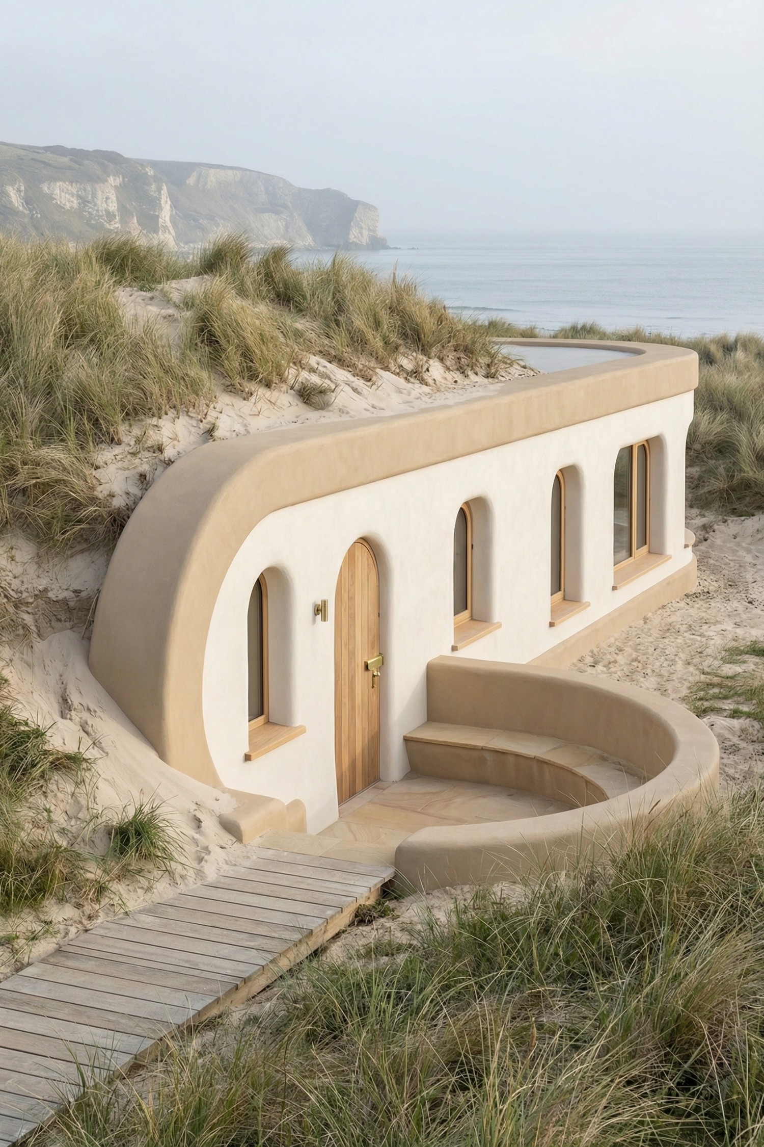 Curved earth-sheltered beach house nestled into sand dunes above the sea