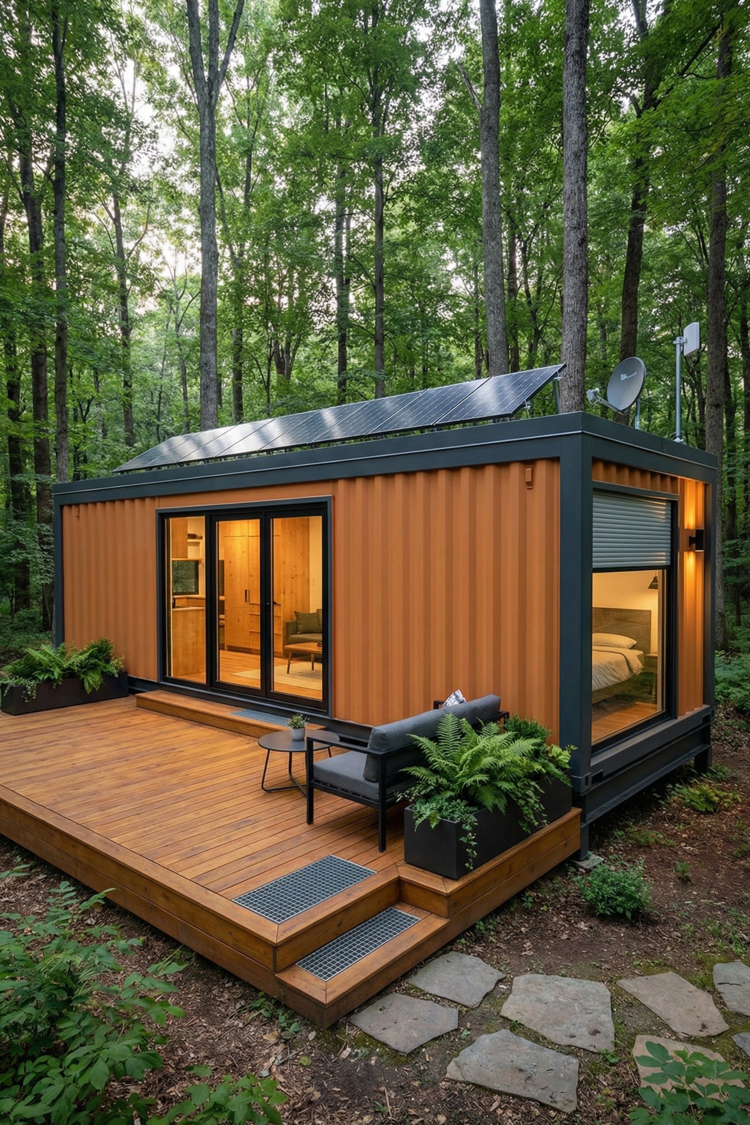 Compact orange container cabin with deck seating in a lush forest