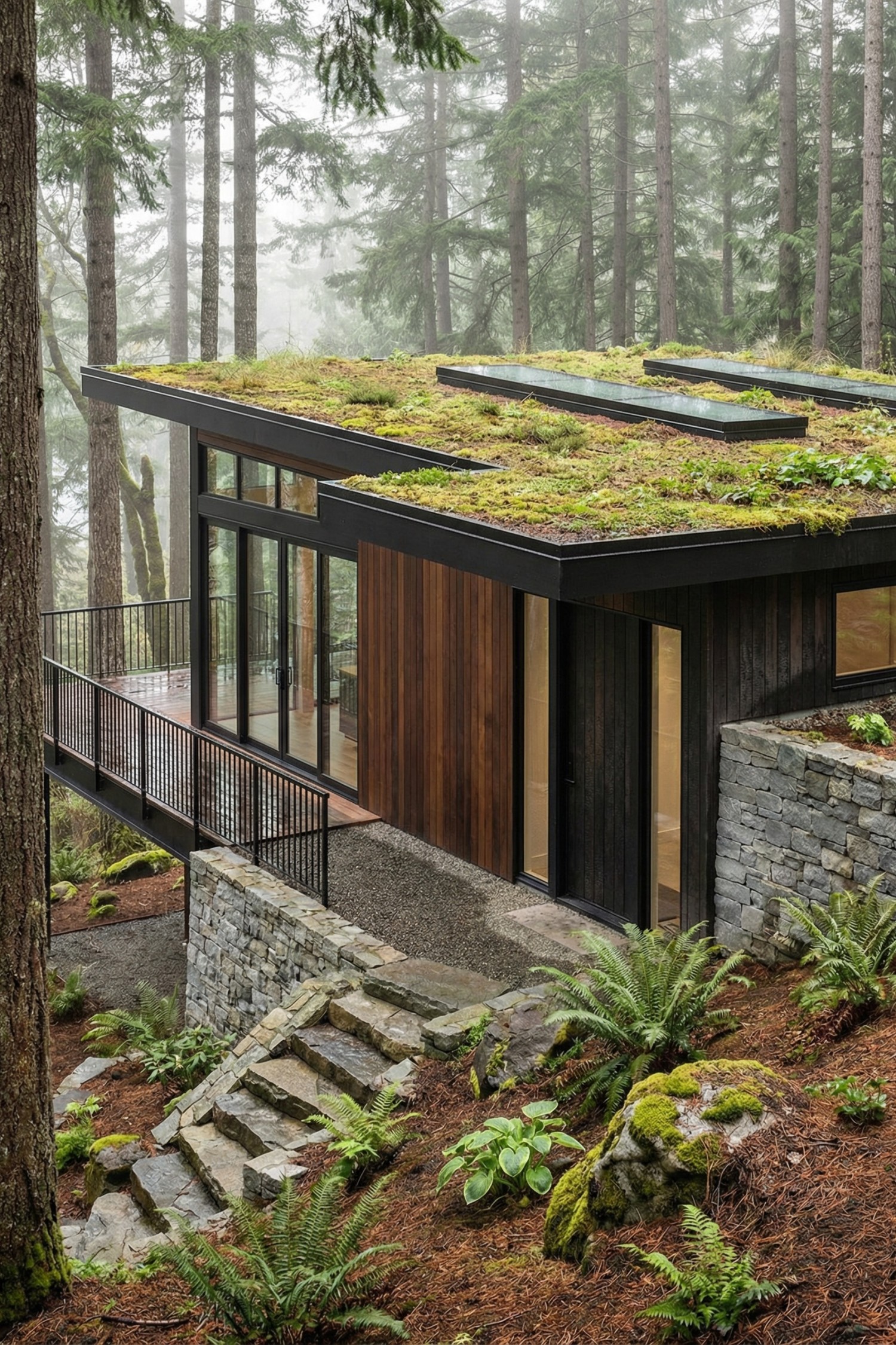 Modern forest cabin with green roof and stone terrace on a wooded hillside
