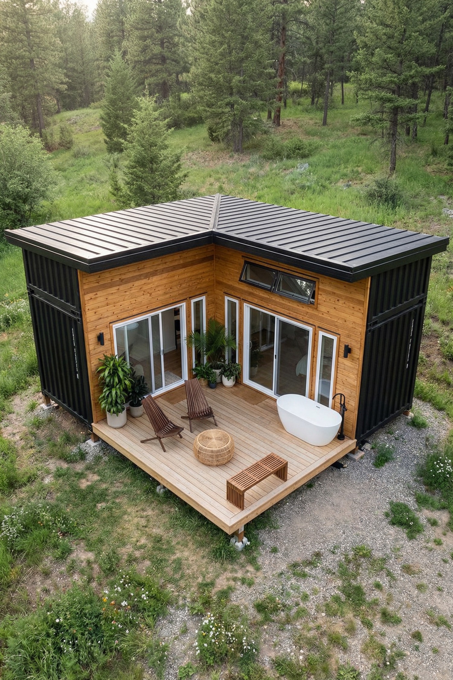 Small container cabin with wood deck, outdoor tub, and large glass doors in a forest clearing