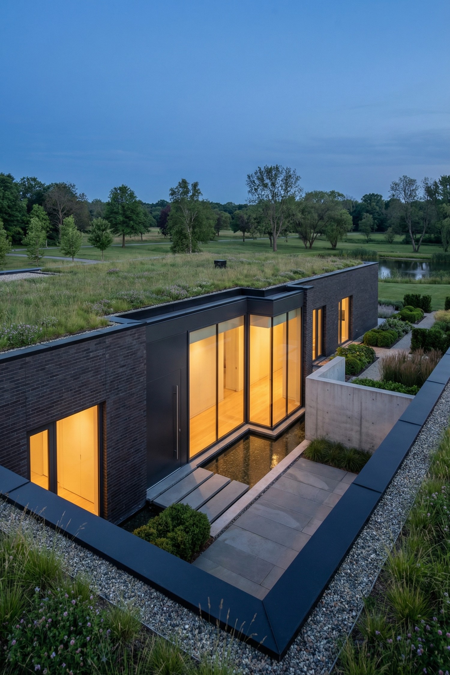 Modern earth-sheltered home with glass walls opening to a sunken courtyard and green roof landscape
