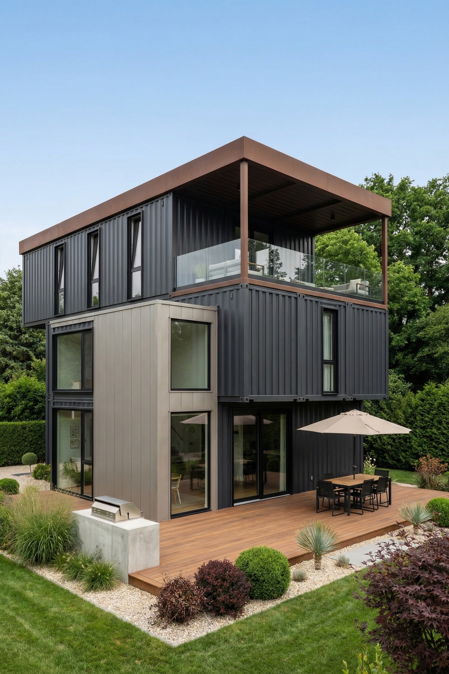 Three-story container home with rooftop lounge terrace