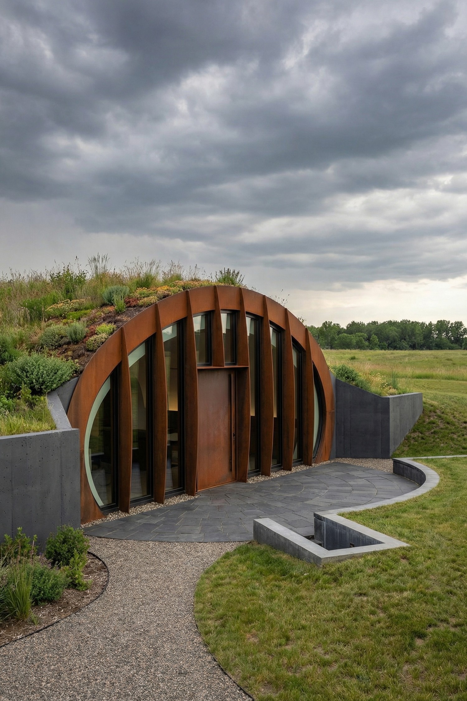 Curved earth sheltered house with rusted steel ribs and green roof blending into open grassland