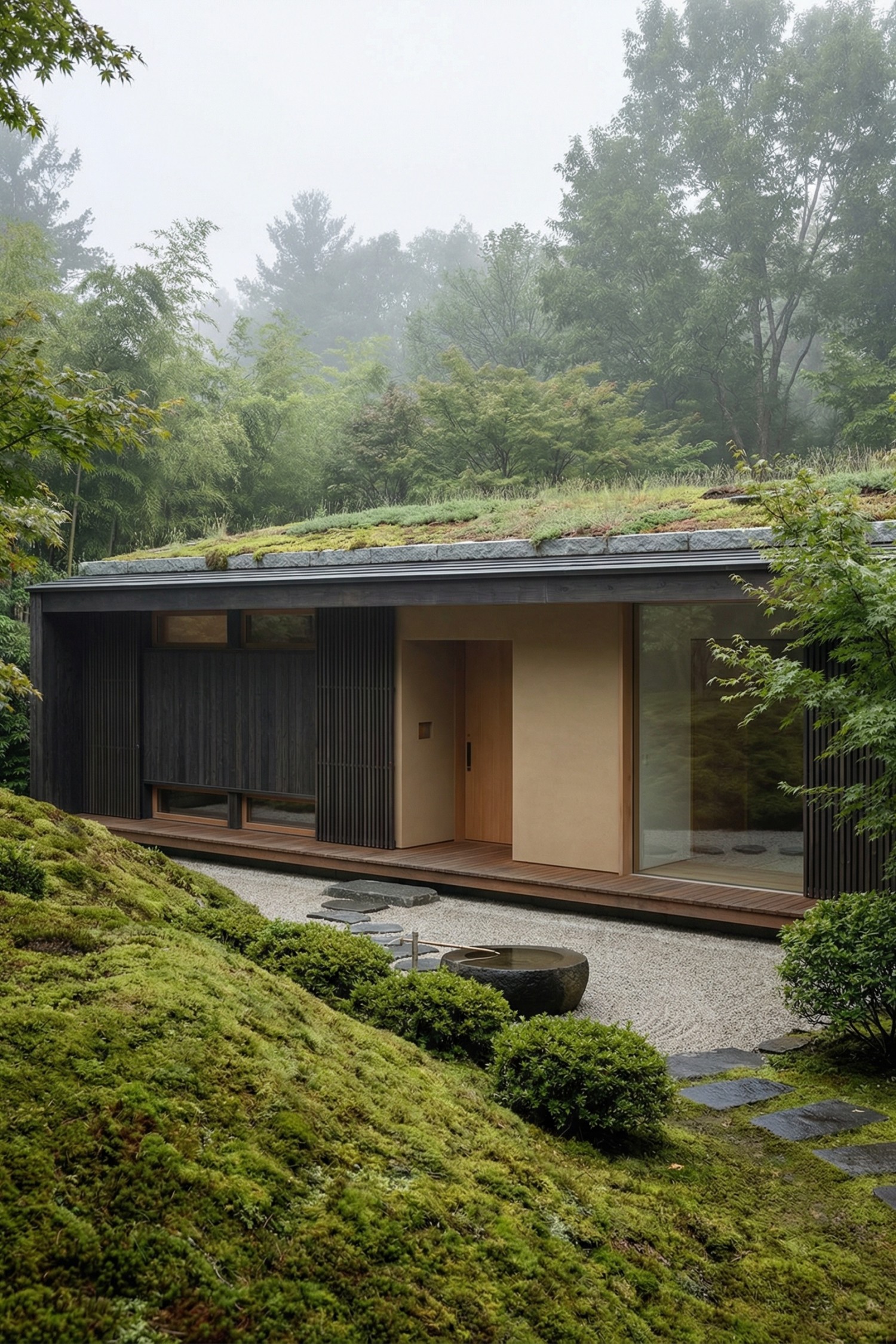 Single-story earth-sheltered home with mossy green roof nestled into a misty forest hillside