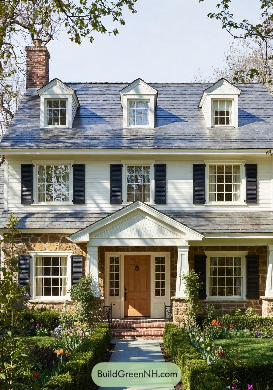 Two story cottage with dormers and flower lined front walk