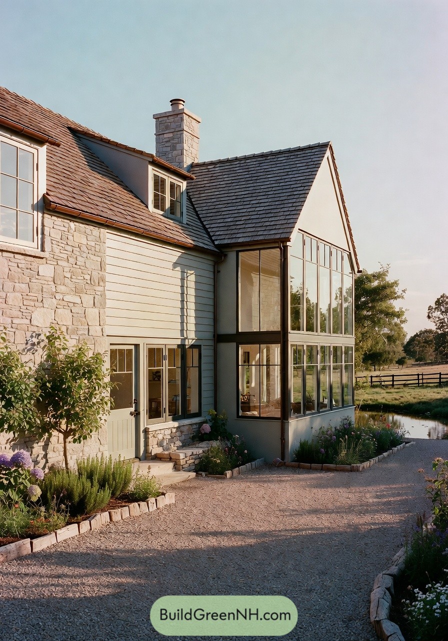 Stone and wood country house with large glass sunroom beside a pond