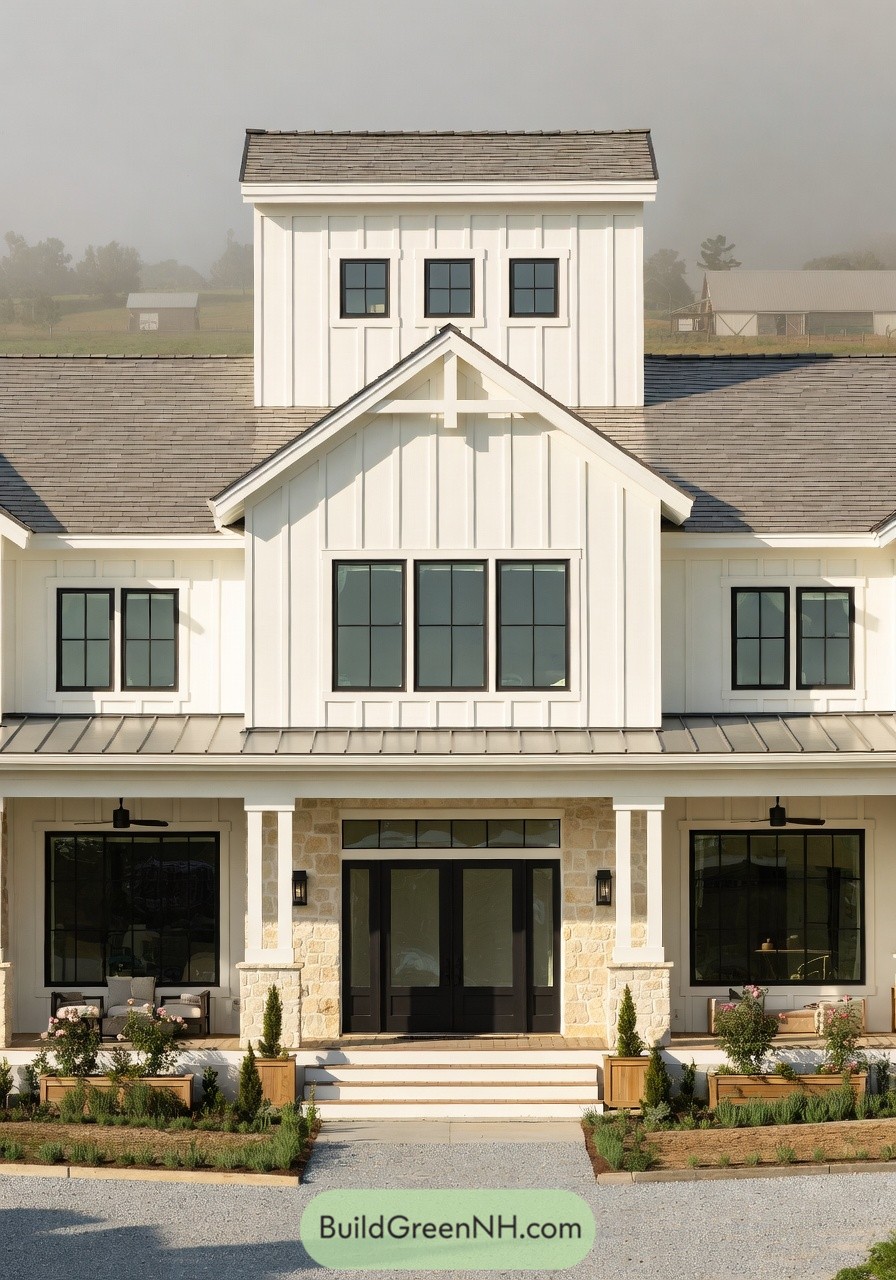White farmhouse with tall central gable and black framed windows