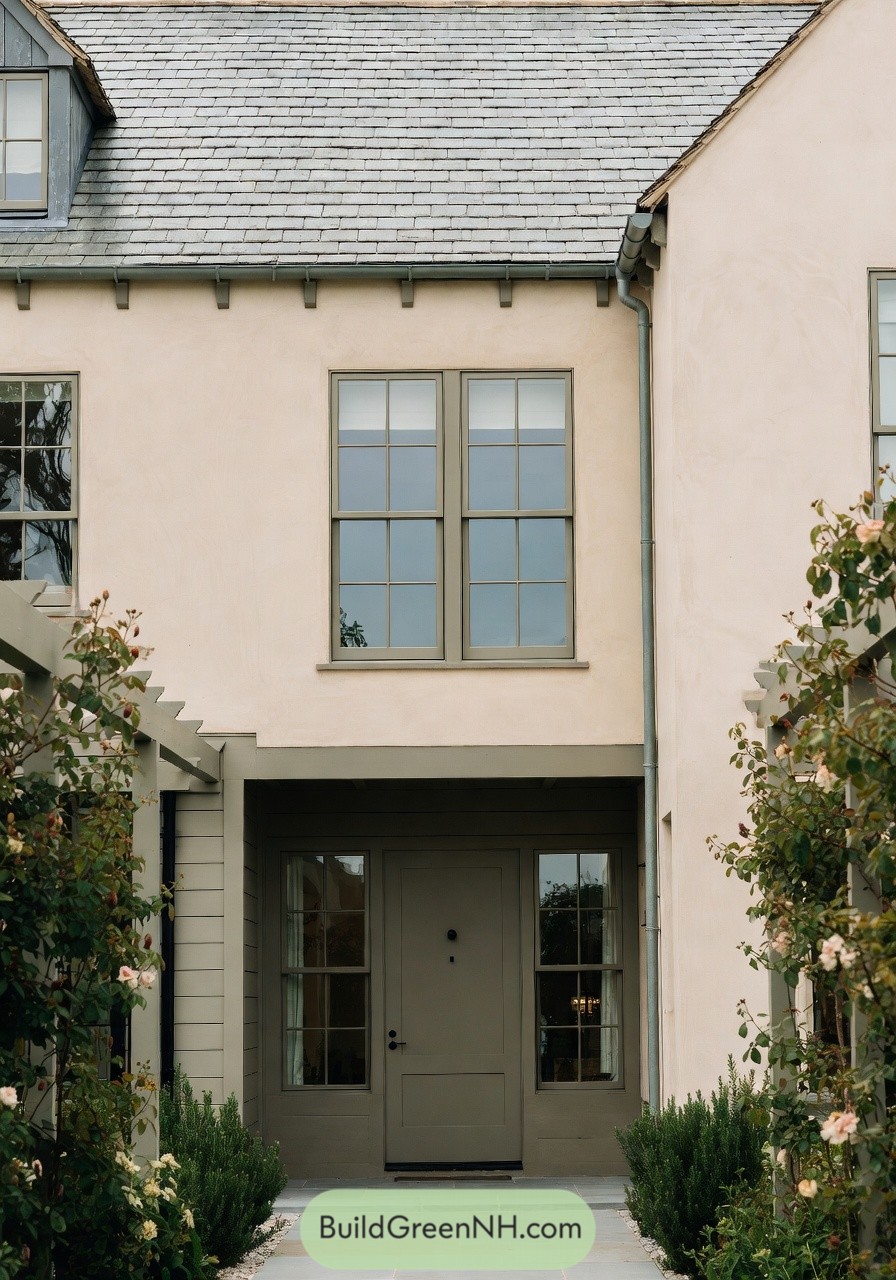 Soft beige plaster cottage facade with muted green trim, slate roof, and garden framed entry