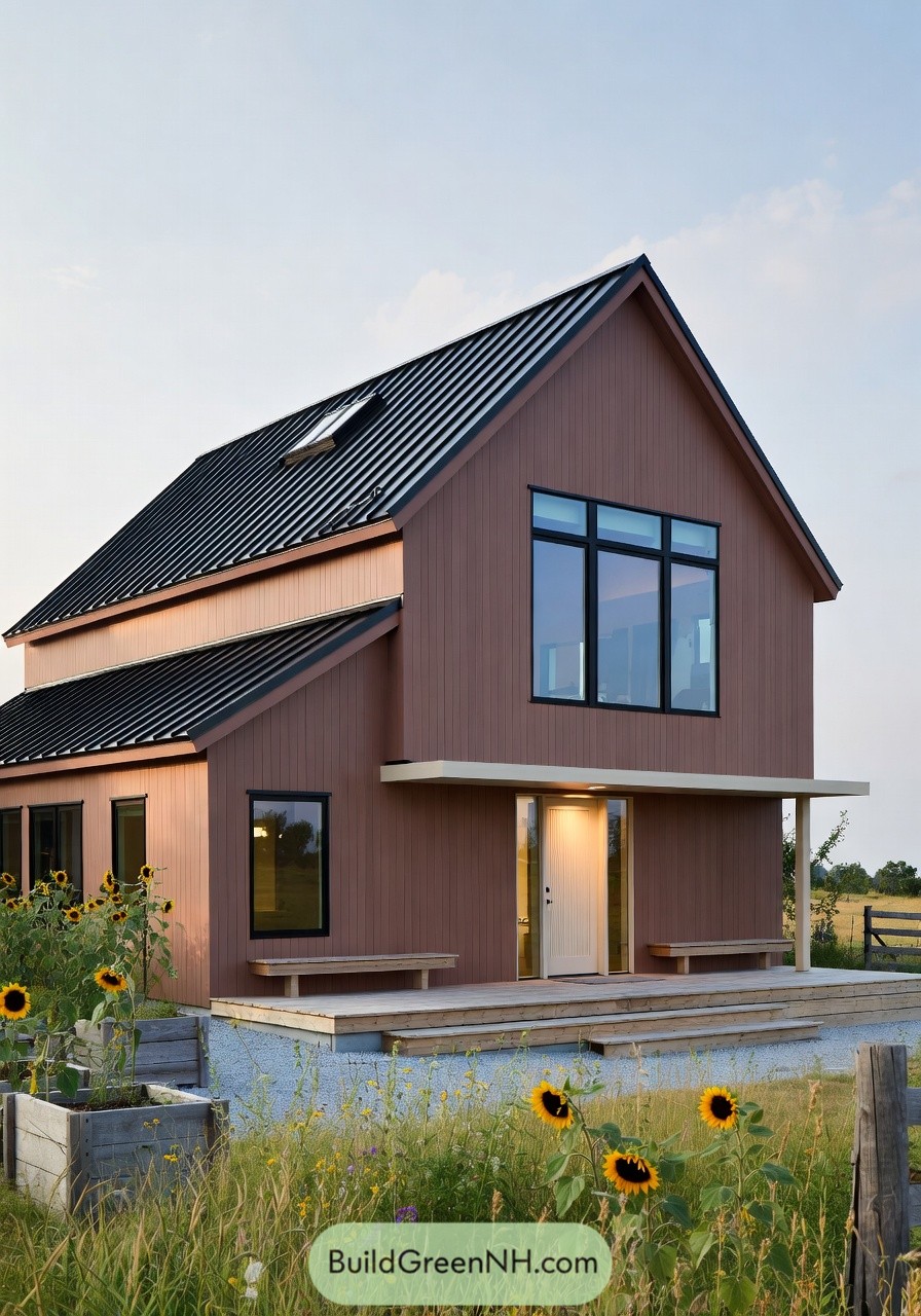 Warm wood clad cottage with black metal roof large windows and surrounding sunflower beds