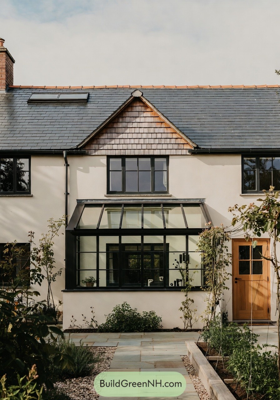 Cream cottage with black framed glass garden room and slate roof facing a small planted courtyard