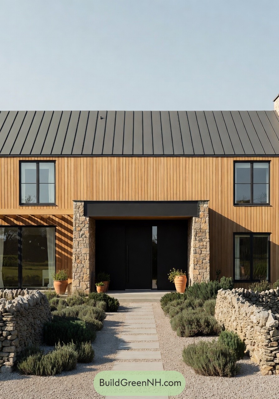 Modern farmhouse with vertical wood siding stone accents metal roof and gravel path through low shrubs