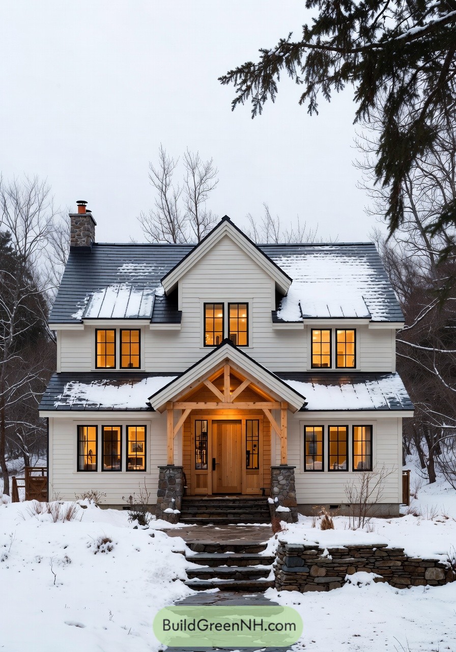 Two story cream farmhouse with black roof and glowing windows in a snowy landscape. Timber front porch with stone columns and stepped stone walkway