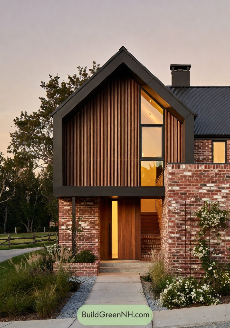 Modern brick and timber cottage with tall gabled roof and landscaped entry path