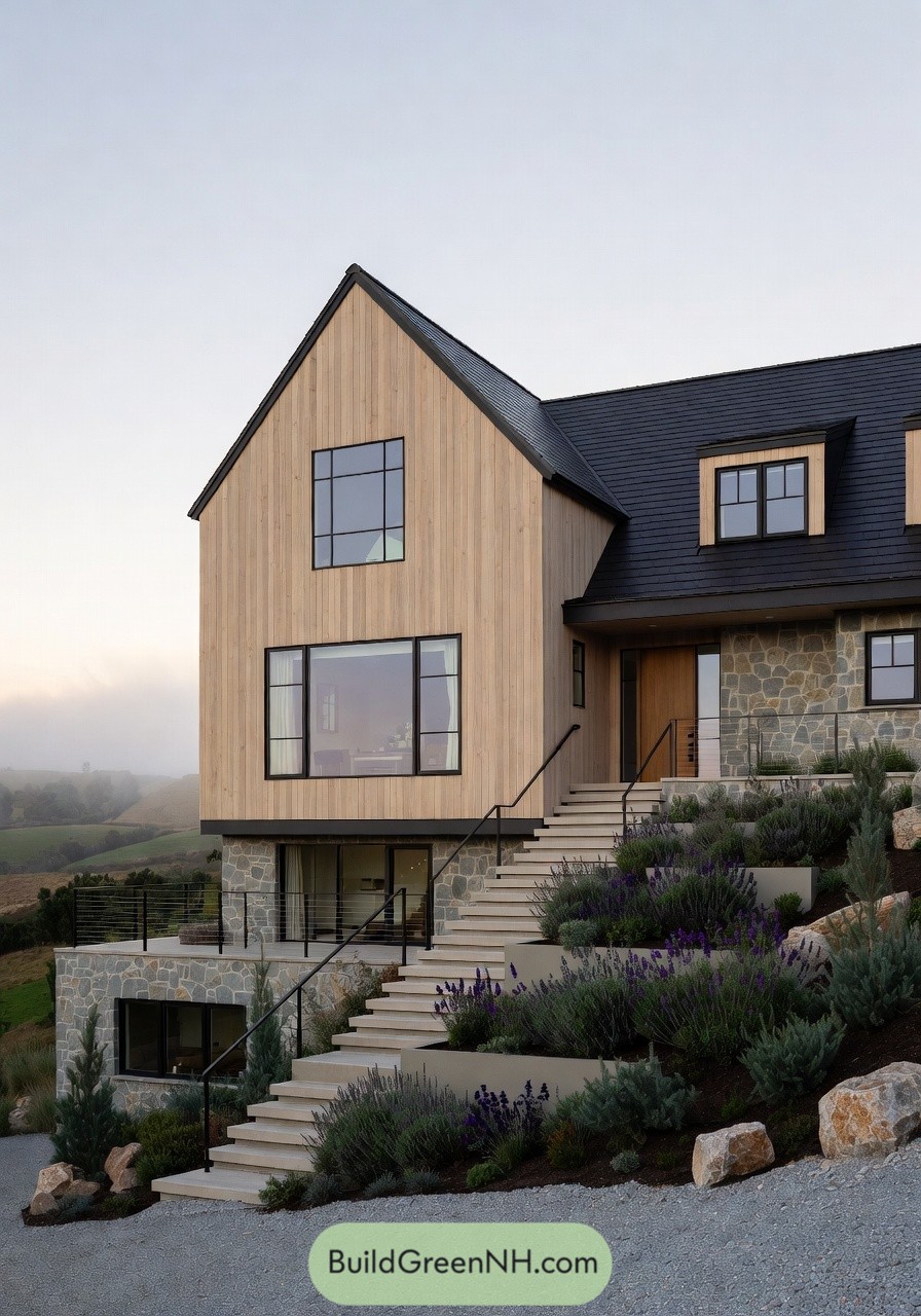 Modern farmhouse on terraced hillside with stone base wood siding black roof and lavender landscaping