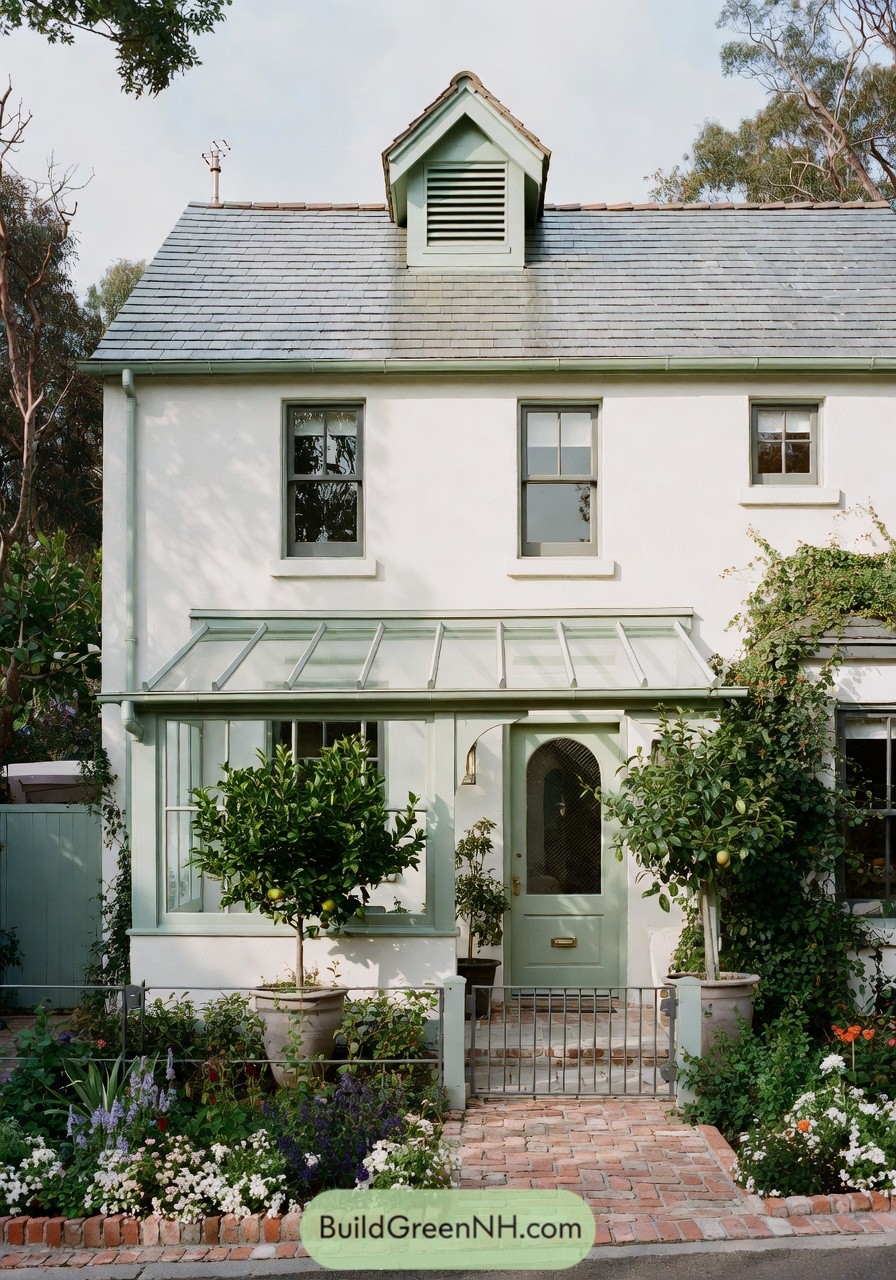 Soft green front cottage with glass porch and lush flower filled entry garden