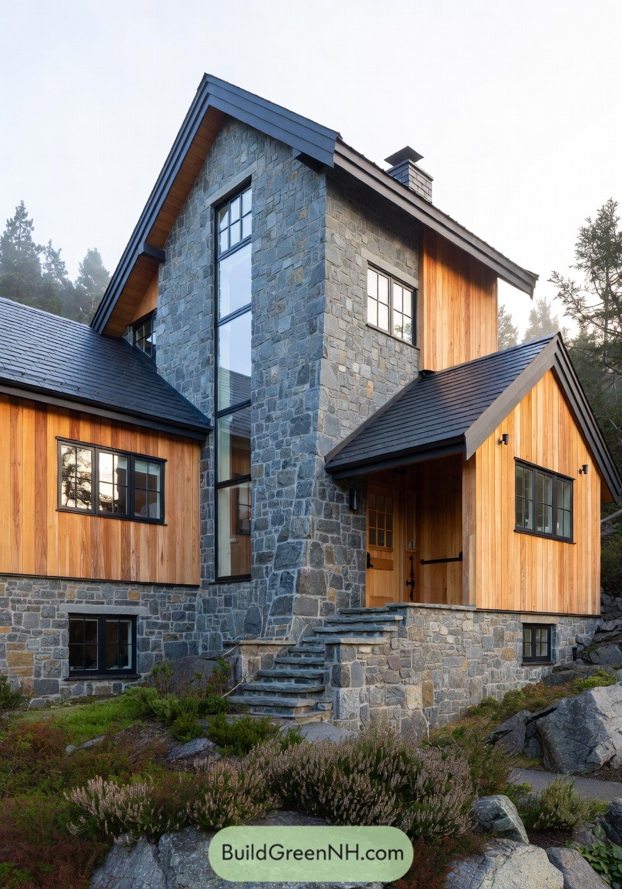 Modern cottage with tall stone tower entry and warm cedar siding on a rocky hillside