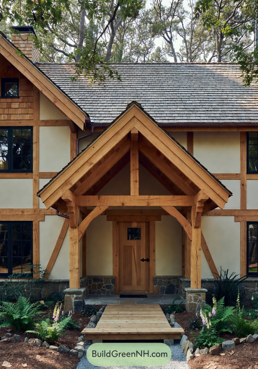 Warm timber frame cottage entry with steep gabled porch and garden path