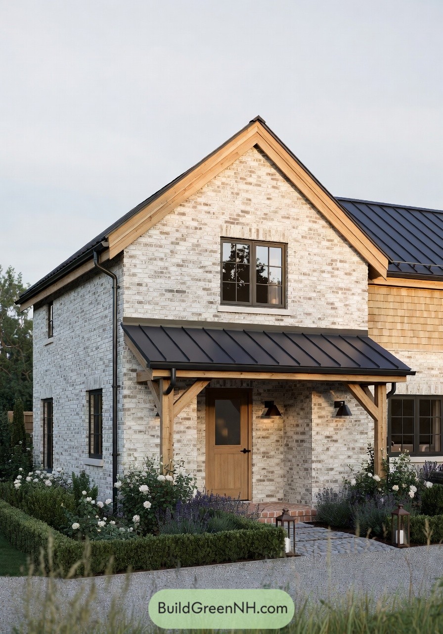 Warm brick cottage with metal roof and trimmed gardens