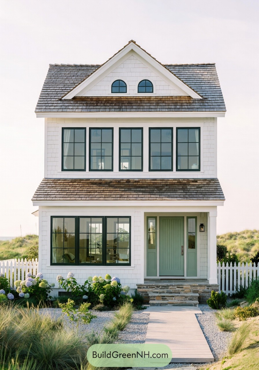 Compact white coastal cottage with green door and large black-trimmed windows