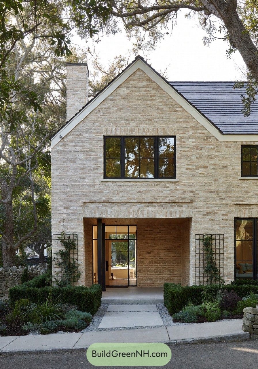 Warm light brick cottage with black-framed windows, recessed entry, and trimmed garden beds leading to a glass front door