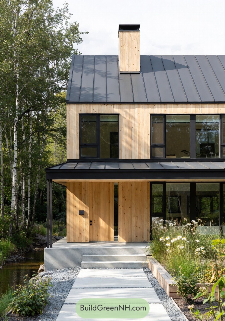 Modern wood clad cottage with black metal roof and large windows beside trees