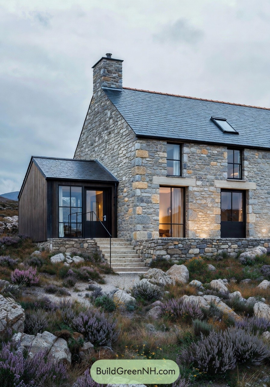 A modern cottage-core stone cottage interpretation with minimalist detailing, dominated by a tall chimney and generous glazing; colors of pale gray stone, warm cream mortar, and black metal frames; a compact rectangular volume with a small shed-roofed side annex; materials of rough-cut stone blocks, blackened steel lintels, and timber fascia; a steep slate roof in blue-gray with a clean ridge and subtle skylight; large black-framed windows with thin muntins and deep stone jambs; a simple black door with a glazed transom and brushed steel handle; a narrow stone stair and landing leading to the entry, bordered by a low iron handrail; landscaping of heather, lavender, and scattered wildflowers growing between rocks; surrounding environment of rugged hillside and distant cloud layers; cool, soft light with a moody sky and crisp stone texture, single real-life photo, high-resolution, architectural photography, soft lighting, cinematic composition, strictly no collages.