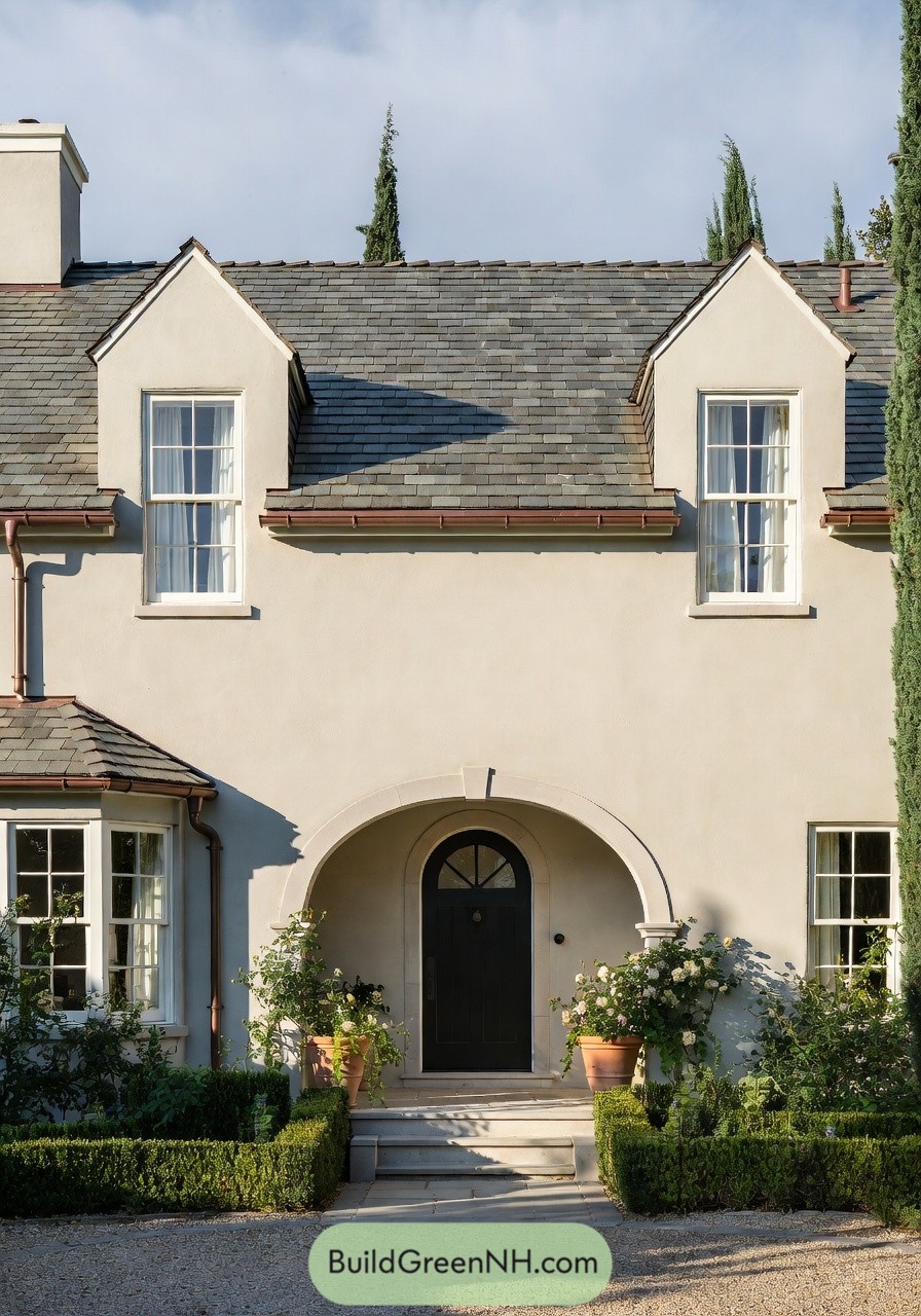 Cream stucco cottage with arched entry and manicured front garden