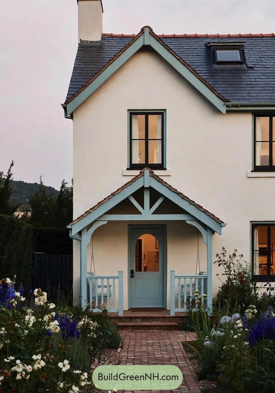 Creamy two story cottage with blue trim and garden path