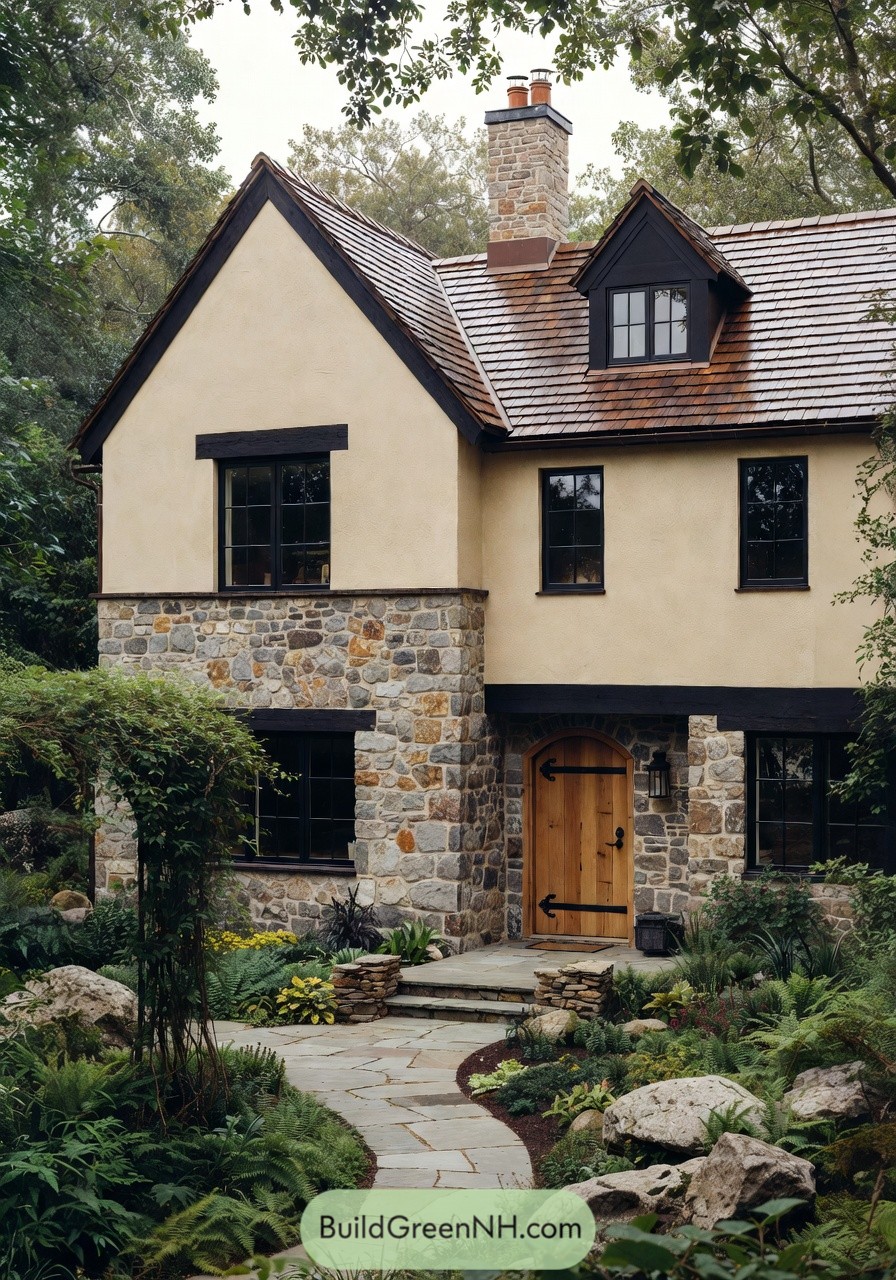 Two story stone and stucco cottage with arched wood door and winding garden path