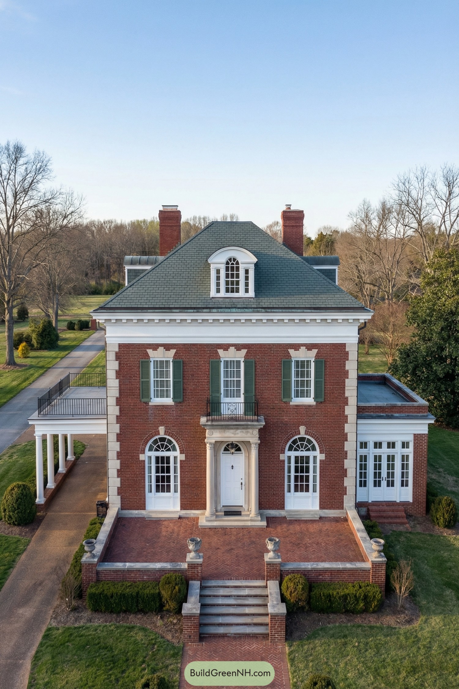 Red brick colonial home with green roof and side terrace