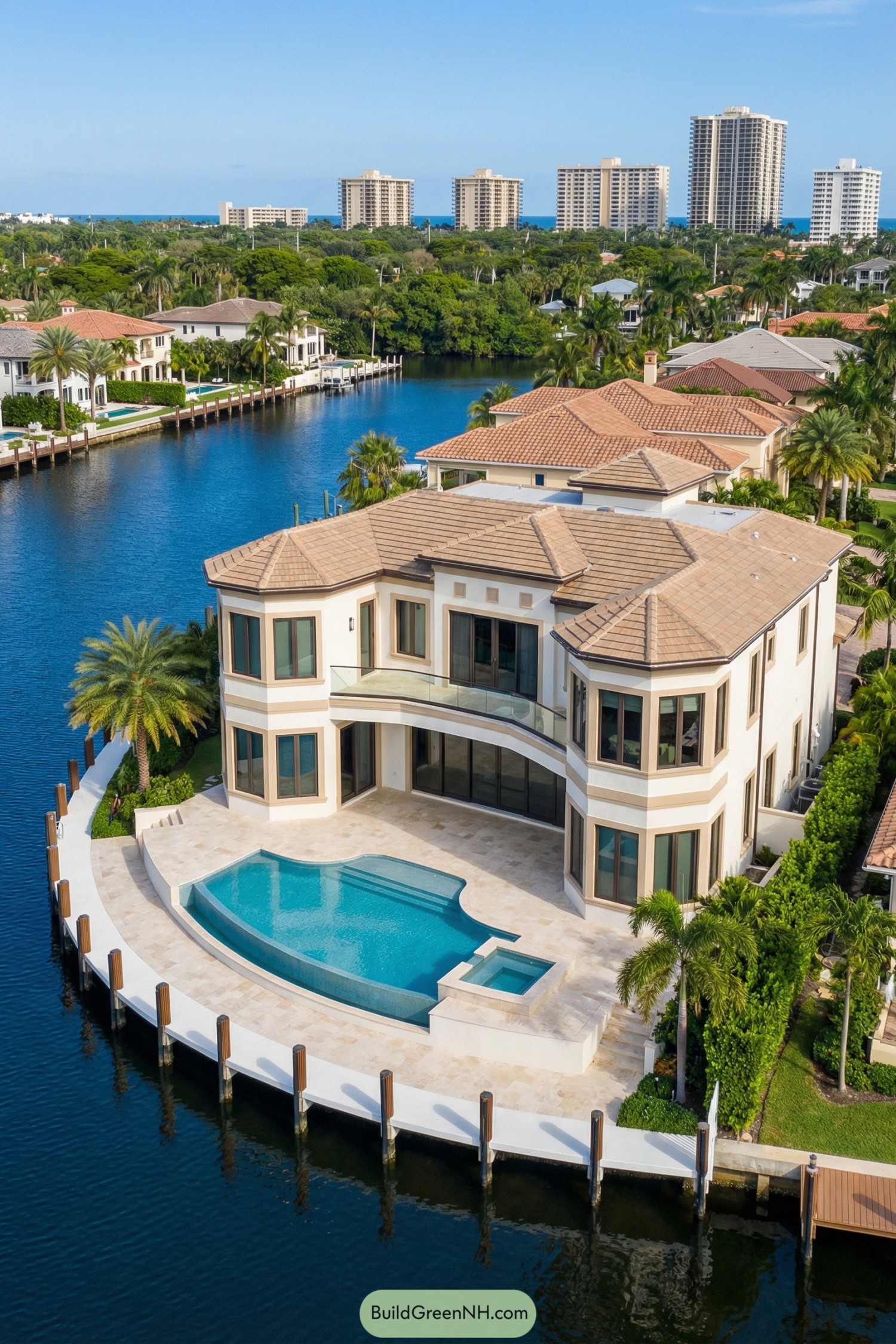 Luxury waterfront villa with curved pool terrace
