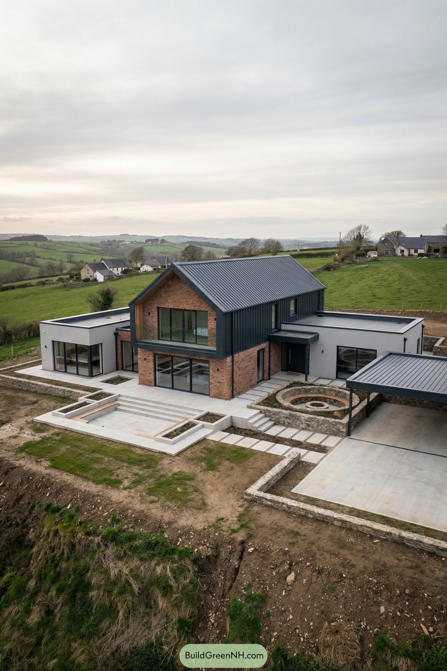 Modern rural house with brick core metal cladding and stepped terraces overlooking green fields