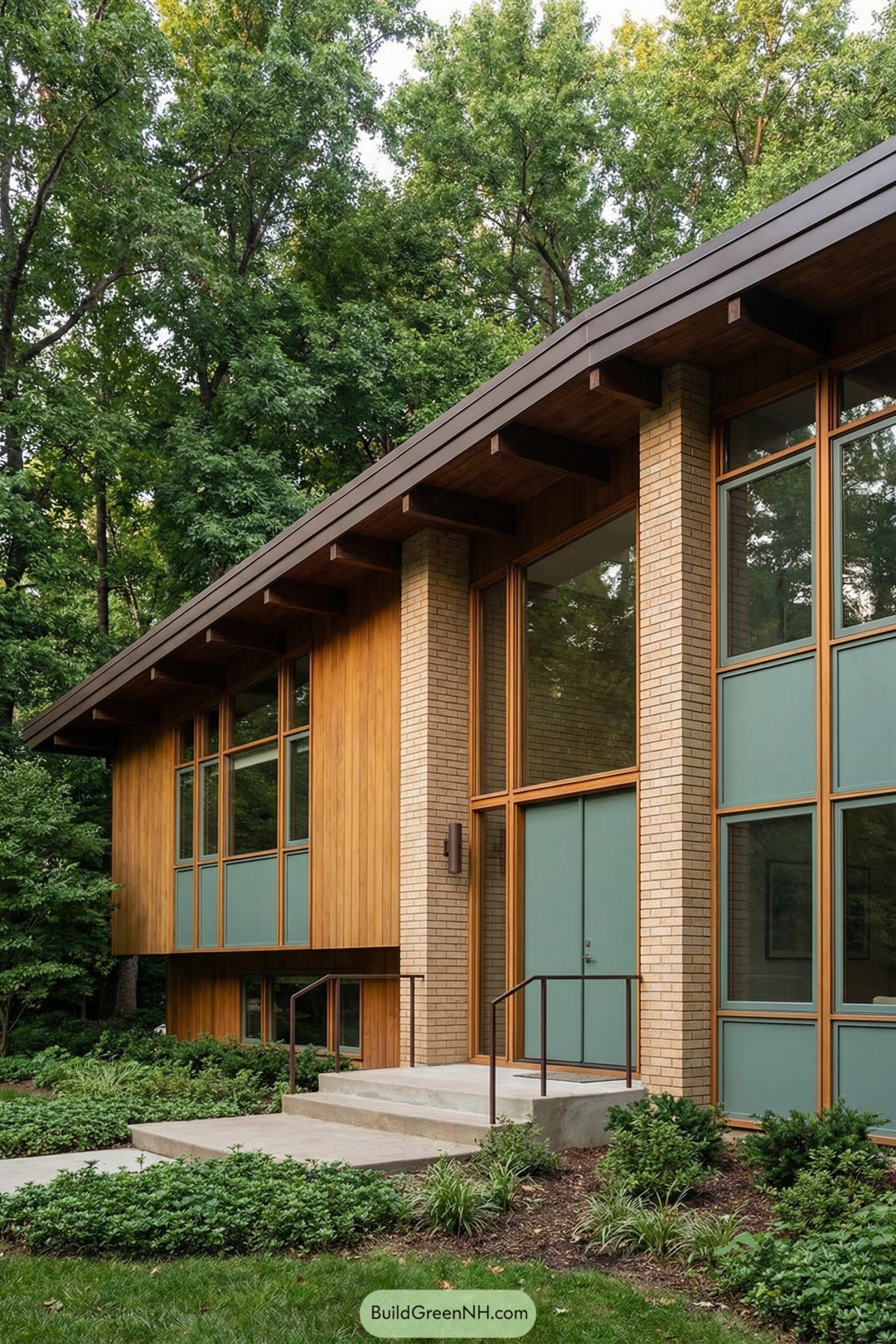 Midcentury style house with sloped roof, brick and wood cladding, teal panels, and large windows in a wooded setting