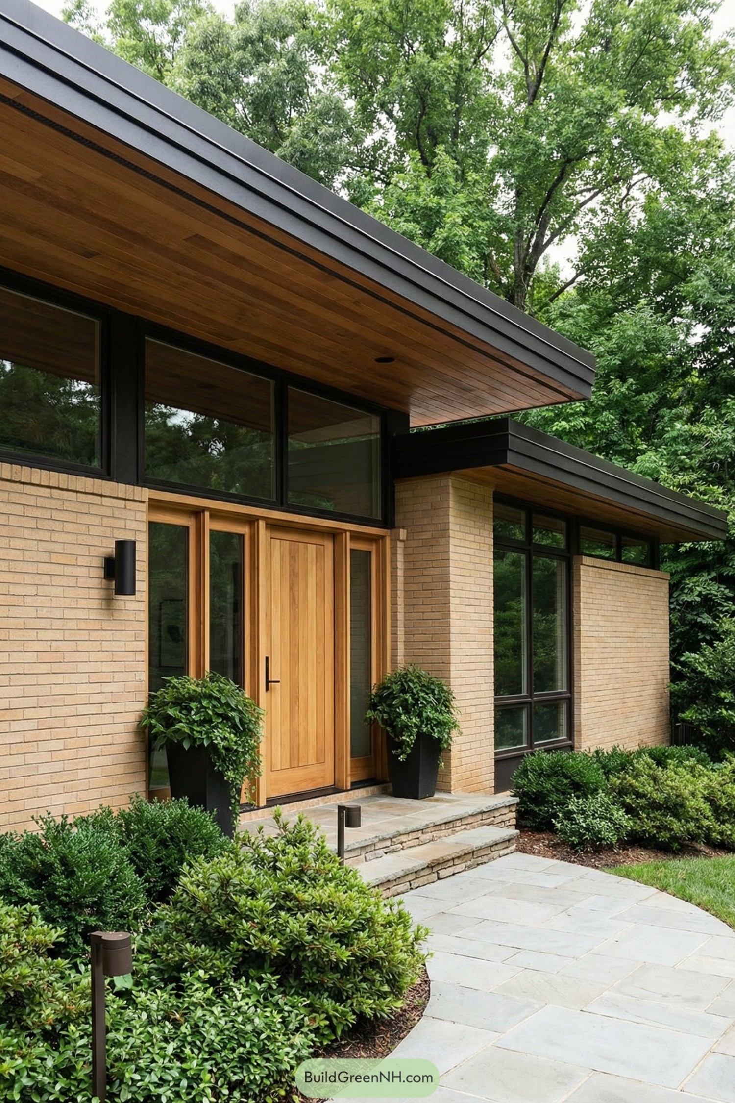 Modern brick house with broad overhangs and wood front entry framed by tall windows and lush landscaping