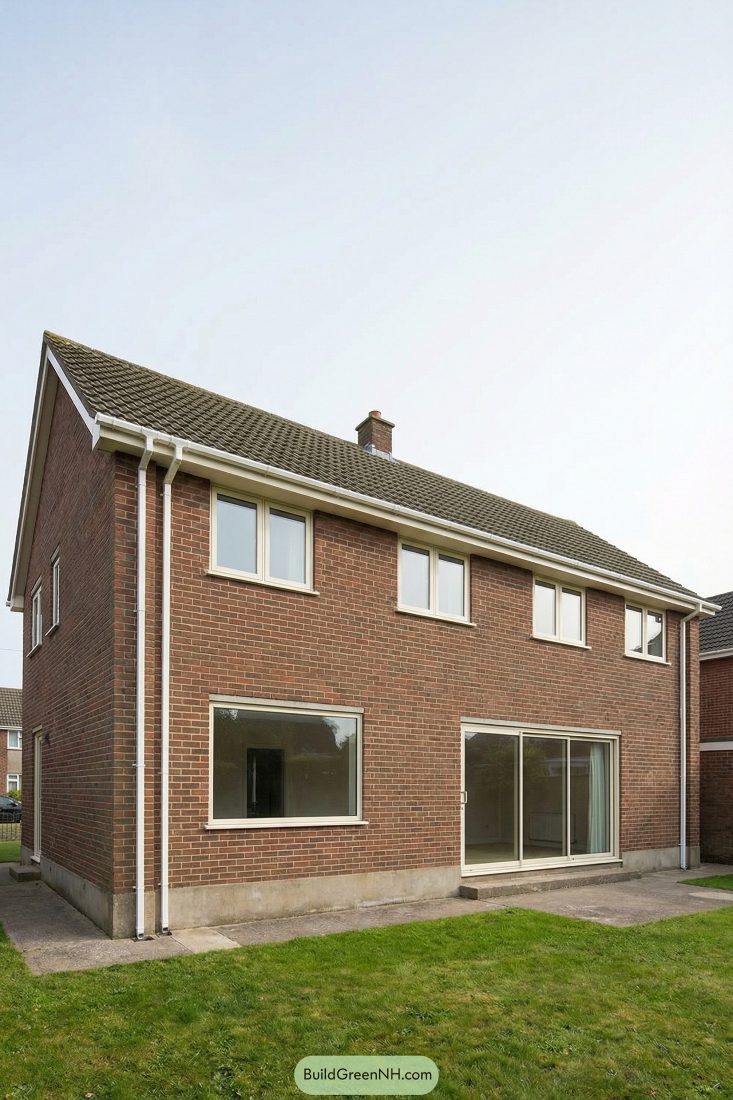 Two story brick house with gable roof and wide backyard sliding door